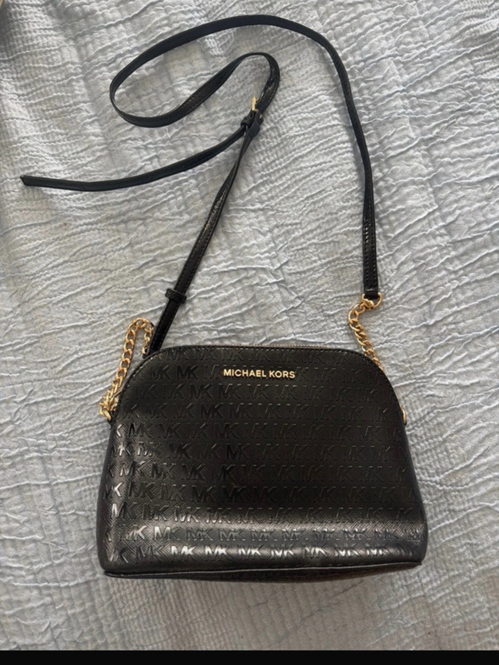 Michael Kors Black Embossed MK Logo Crossbody with Gold Chain